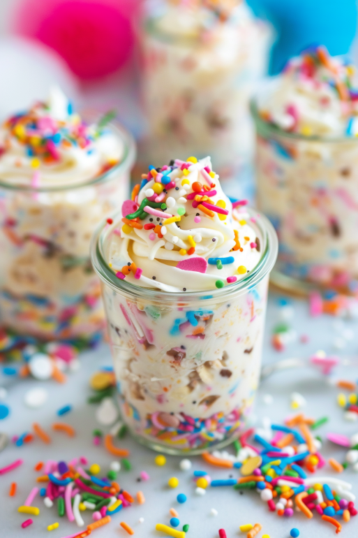 Birthday cake overnight oats in glass jars with rainbow sprinkles and creamy texture