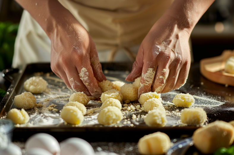 Hands breading cheese curds in three-station method showing proper coating technique