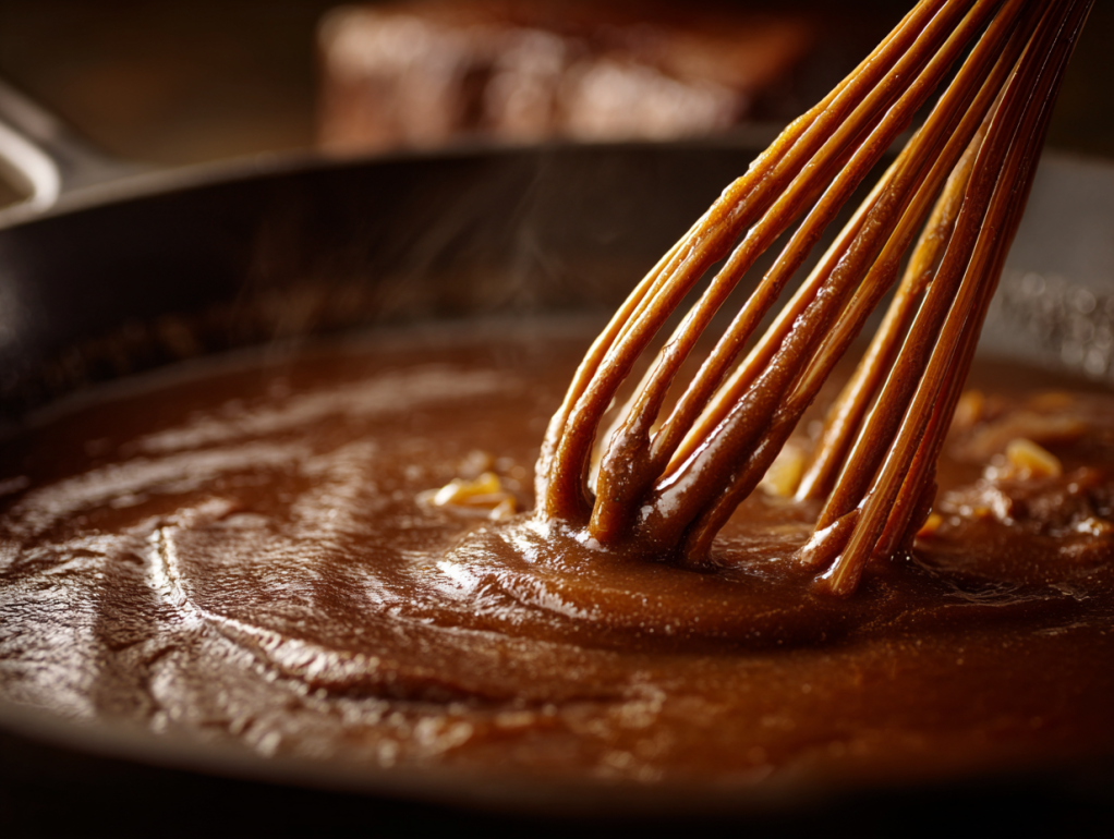 Rich brown gravy being whisked to smooth perfection in cast iron skillet