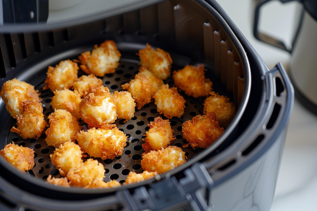 Breaded cheese curds cooking in air fryer basket at 390°F showing golden browning