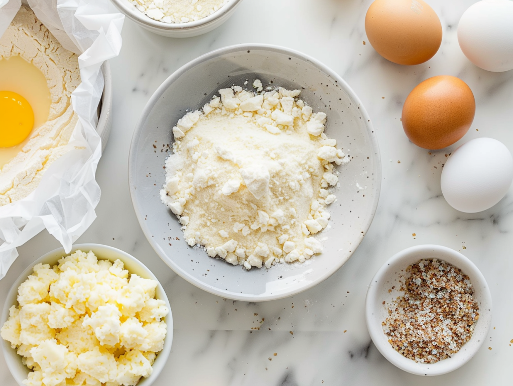 Three-station breading setup for air fryer cheese curds with flour, eggs, and breadcrumbs