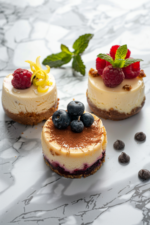 Three cheesecake bite variations showing berry swirl, chocolate chip, and lemon zest versions with elegant toppings on marble surface