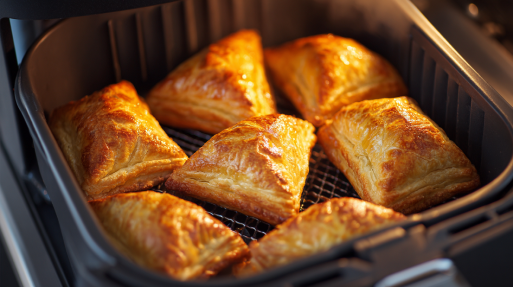 Cherry turnovers cooking in air fryer basket showing golden brown puffing and flaky pastry layers