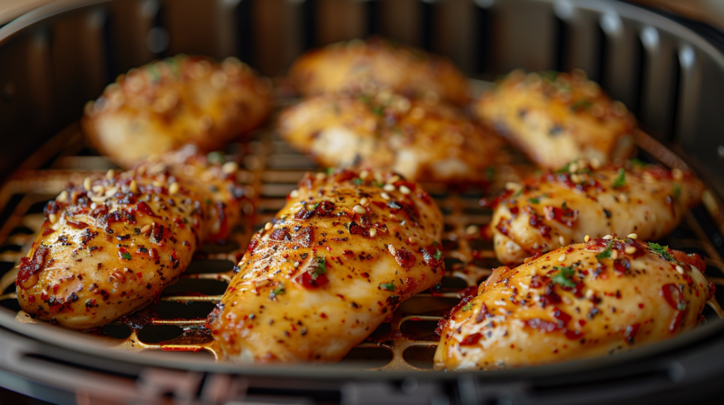 Seasoned chicken breasts cooking in air fryer basket showing golden-brown color development and proper spacing