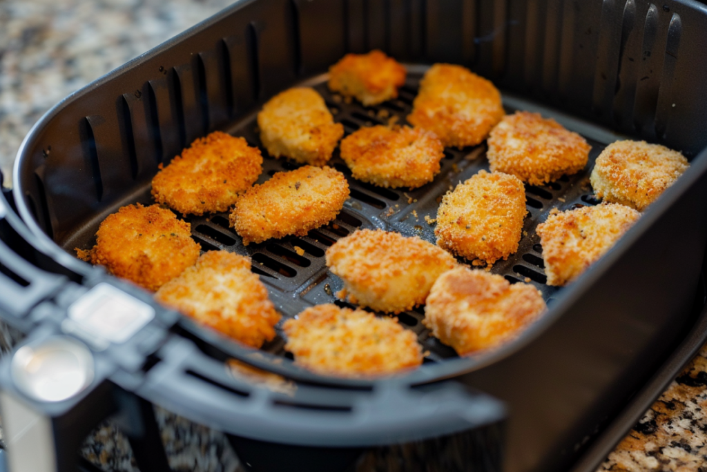 Breaded chicken nuggets cooking in air fryer basket showing proper spacing and golden browning