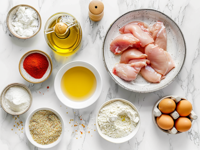 All ingredients for homemade air fryer chicken nuggets including chicken pieces, flour, eggs, and breadcrumbs
