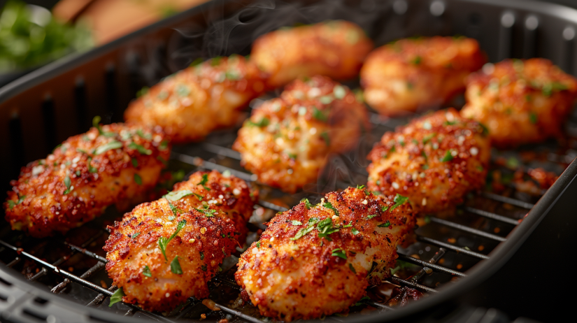 Breaded chicken tenders cooking in air fryer basket showing golden browning and proper spacing for even cooking