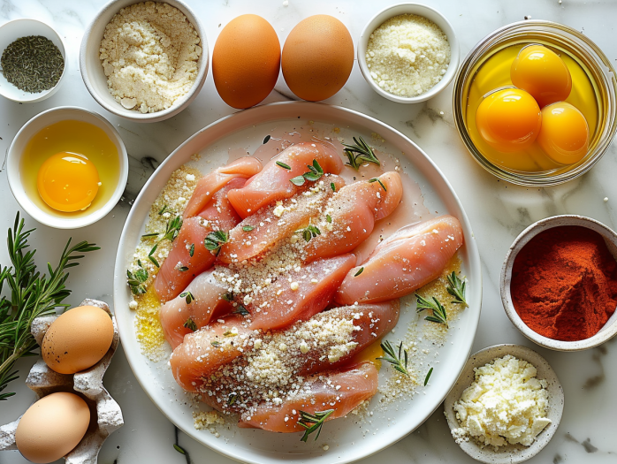 All ingredients for crispy air fryer chicken tenders including chicken, breadcrumbs, Parmesan cheese, and seasonings