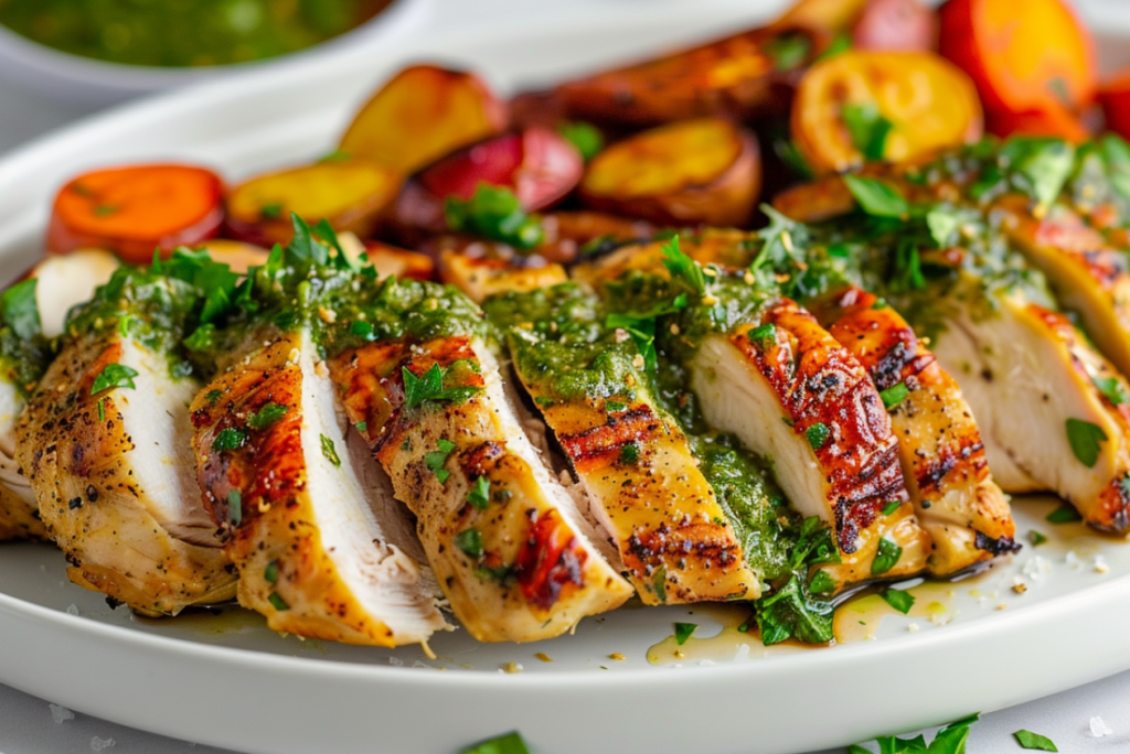 Air fryer chicken breast topped with fresh chimichurri sauce and roasted vegetables