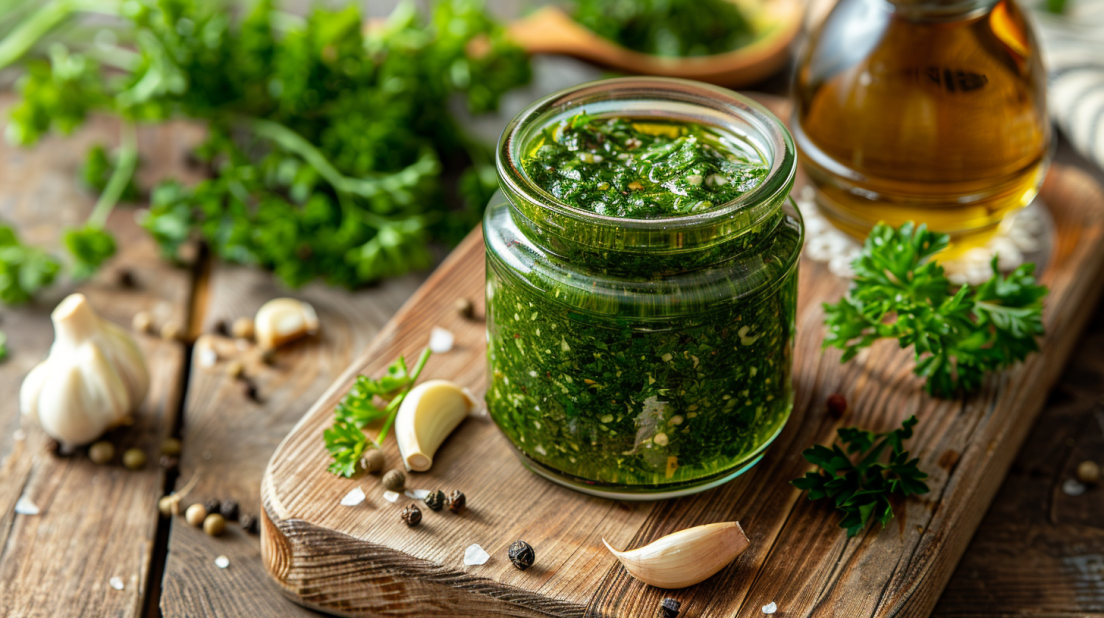 Vibrant green chimichurri sauce in glass jar with fresh parsley, oregano, and garlic on wooden board