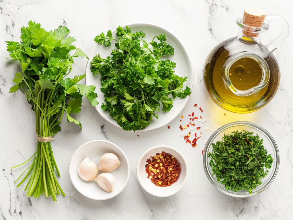 Fresh ingredients for chimichurri sauce including parsley, oregano, garlic, olive oil, and red wine vinegar