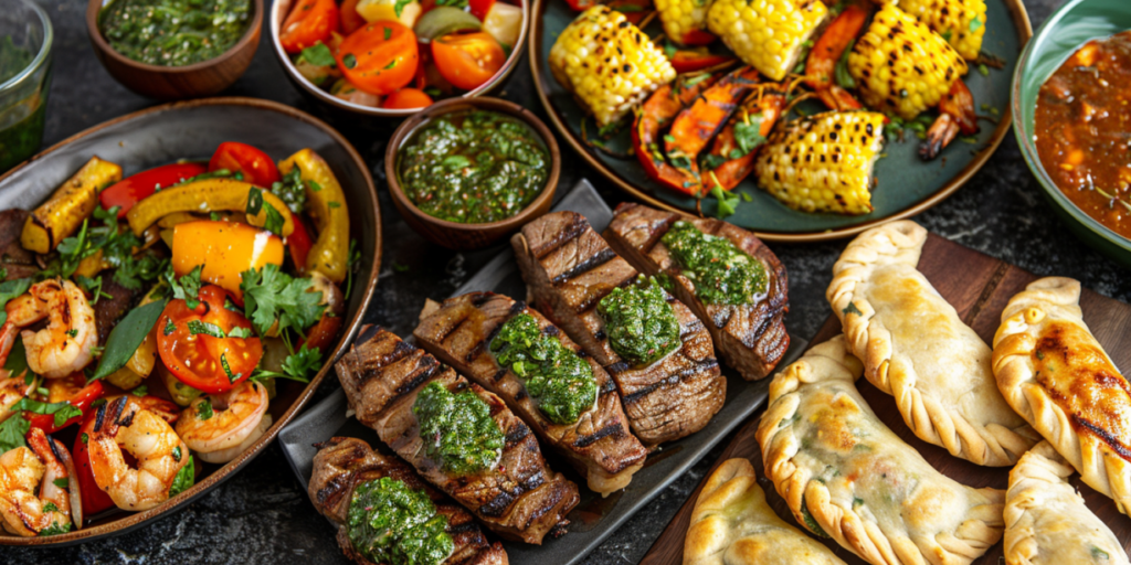 Multiple uses for chimichurri sauce including steak, vegetables, shrimp and empanadas