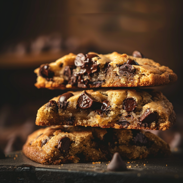 Chocolate chip cookie broken in half showing perfect contrast between crispy golden edges and soft gooey center with melted chocolate
