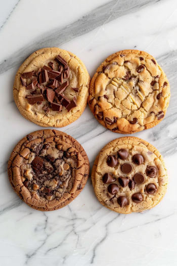 Four chocolate chip cookie variations showing classic, brown butter, double chocolate, and espresso versions on marble surface