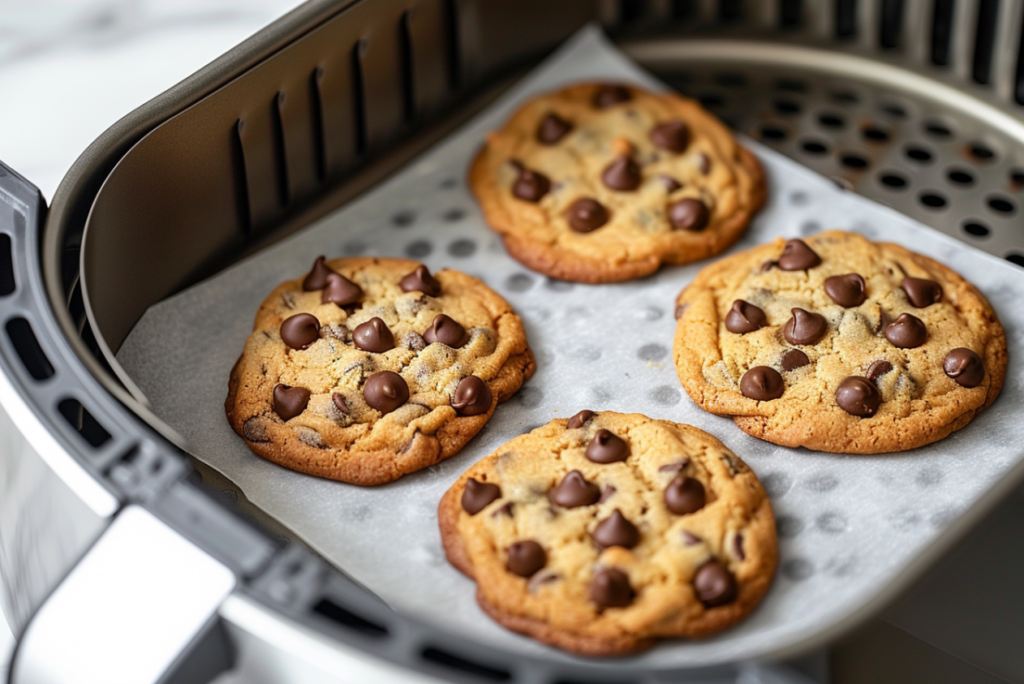 Chocolate chip cookies baking in air fryer basket showing golden brown edges and soft centers during 8-minute baking process