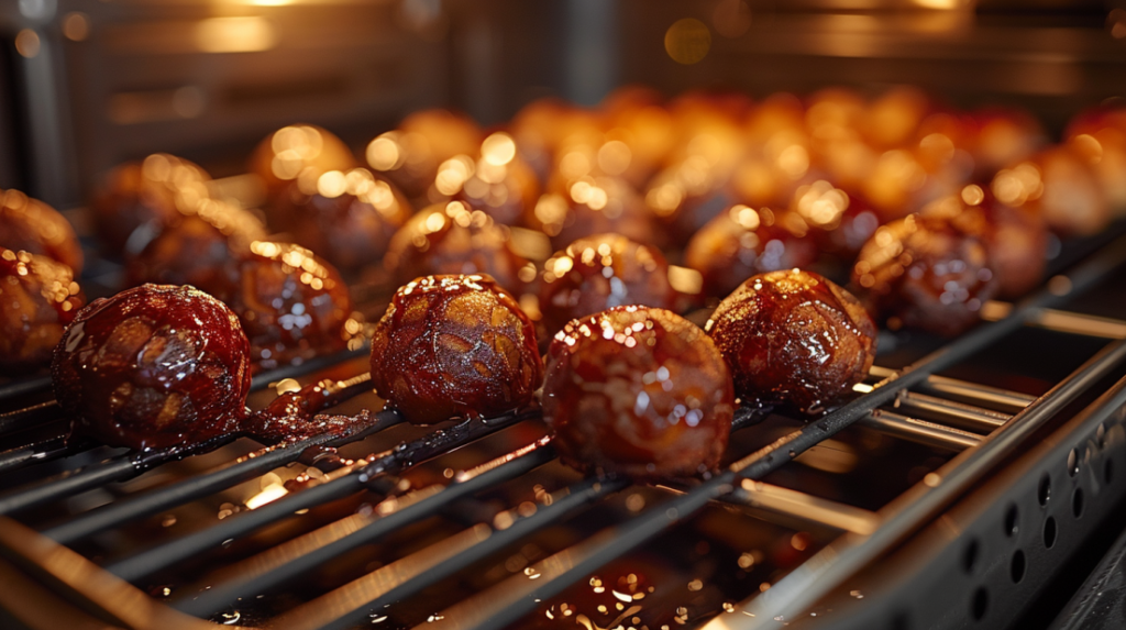 Chocolate donut holes cooking in air fryer basket, showing golden-brown color and perfect puffed texture during cooking