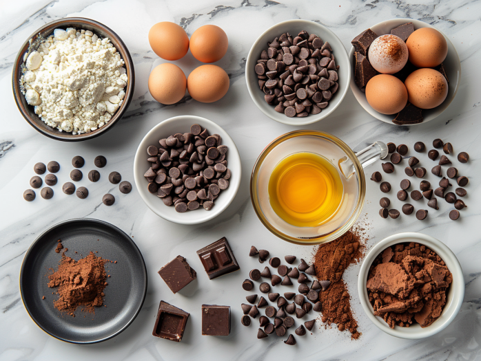 All ingredients for air fryer chocolate donut holes including cocoa powder, flour, cream, and chocolate chips arranged on marble surface
