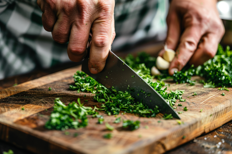 Hands finely chopping fresh parsley with chef's knife for traditional chimichurri sauce preparation