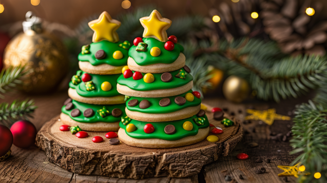 Christmas tree air fryer cookies decorated with green icing and colorful candy ornaments arranged on wooden board with holiday styling