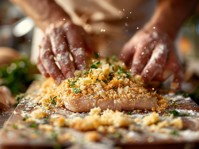 Hands pressing seasoned breadcrumb coating onto chicken tender showing proper technique for maximum crispiness