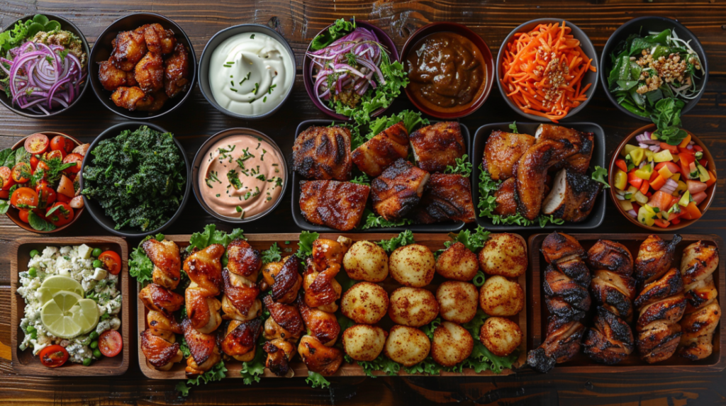 Aerial view of complete collection of 20+ air fryer chicken recipes showing variety of cuts and flavors