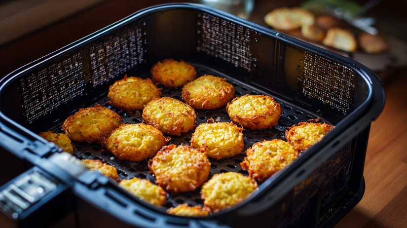 Corn fritters cooking in air fryer basket at 375 degrees showing golden brown crisping