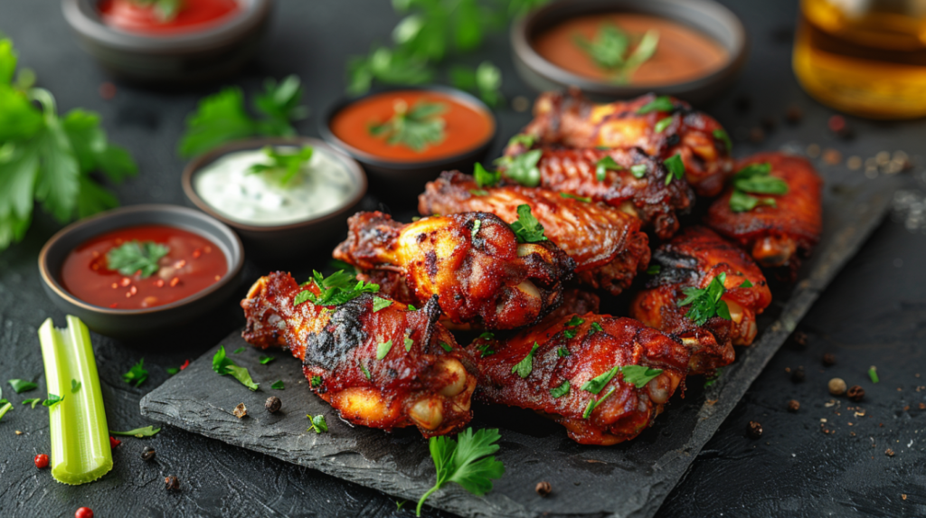 Crispy air fryer chicken wings and drumsticks with golden skin served with variety of dipping sauces