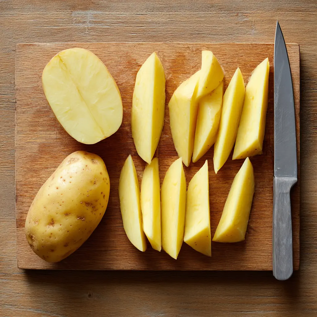 Step-by-step demonstration of cutting potatoes into even wedges for air fryer cooking