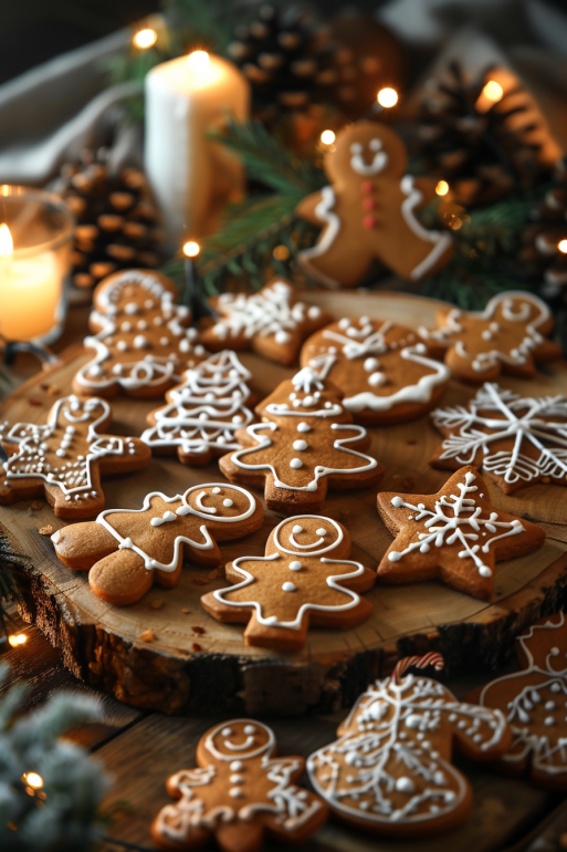 Variety of decorated air fryer gingerbread cookies in different shapes with royal icing designs arranged on wooden serving board