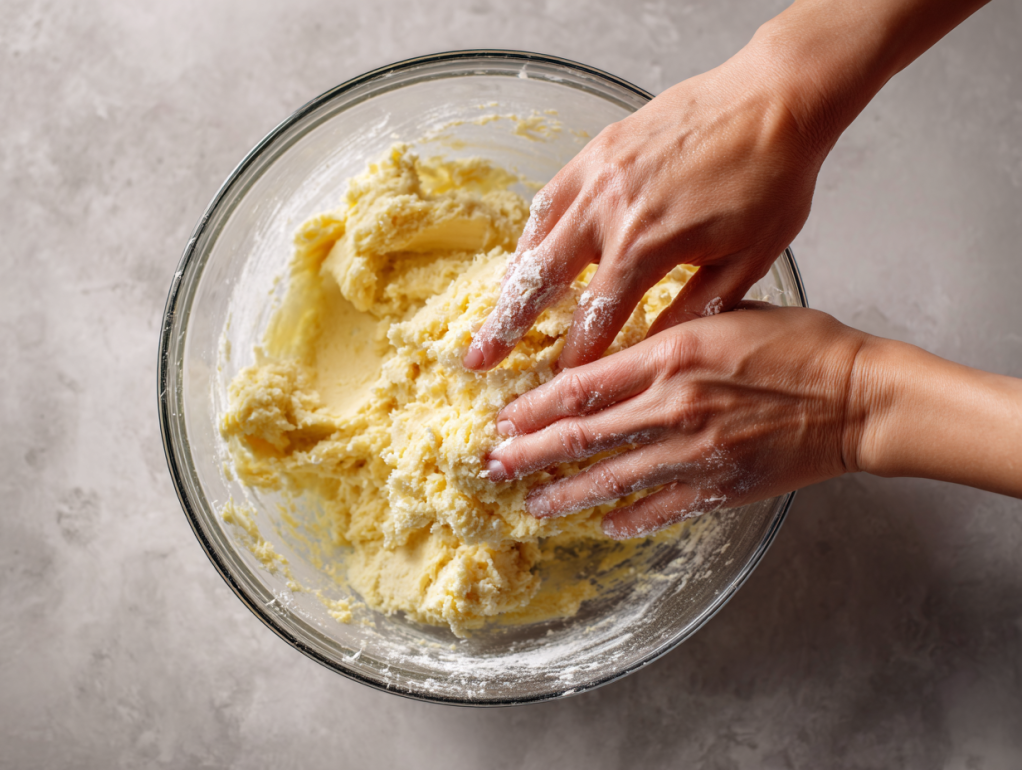 Hands gently mixing air fryer donut batter showing proper technique to avoid overmixing