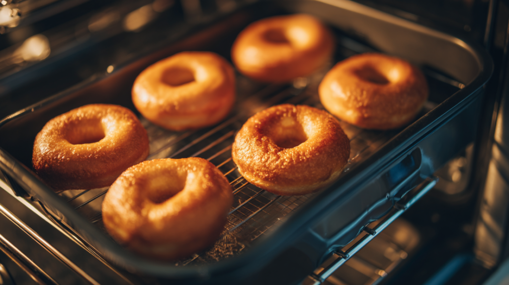 Air fryer donuts cooking to golden brown perfection at 350 degrees showing ideal rise