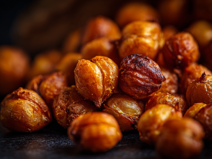 Close-up of perfectly crispy air fryer chickpeas showing golden brown wrinkled texture