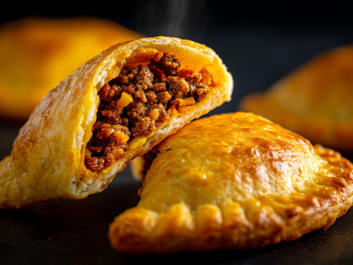 Close-up of golden crispy air fryer empanadas showing flaky crust and seasoned beef filling inside