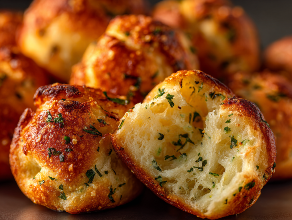 Close-up of golden air fryer garlic knots showing crispy exterior and fluffy interior texture