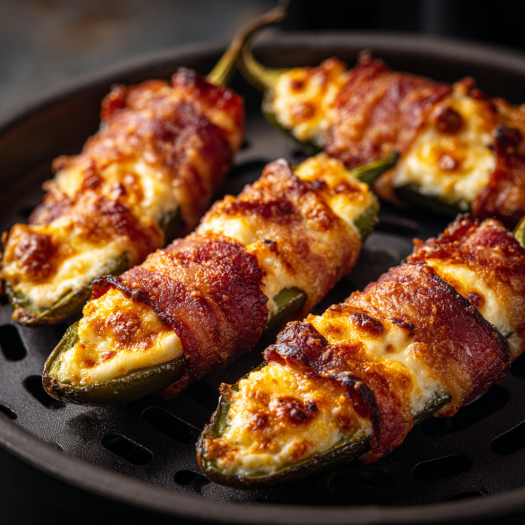 Perfectly cooked air fryer jalapeño poppers with golden crispy bacon and bubbly cheese