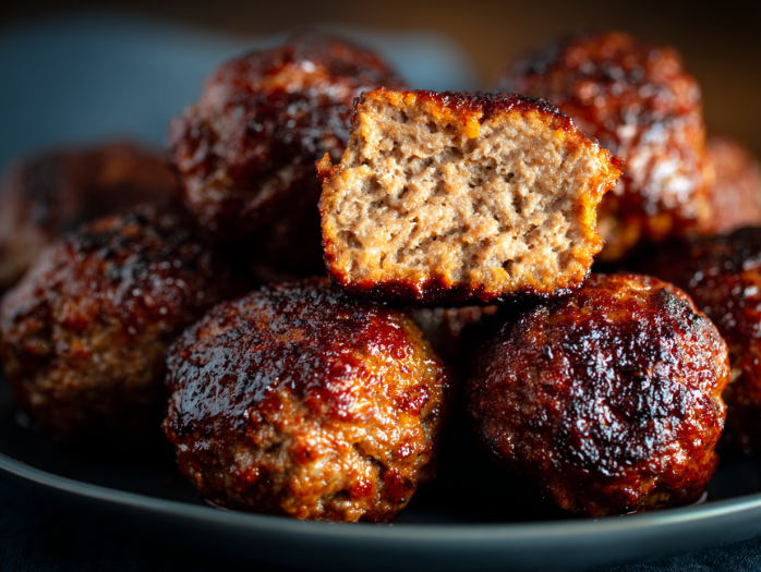 Close-up of perfectly cooked air fryer meatballs showing golden brown exterior and juicy interior