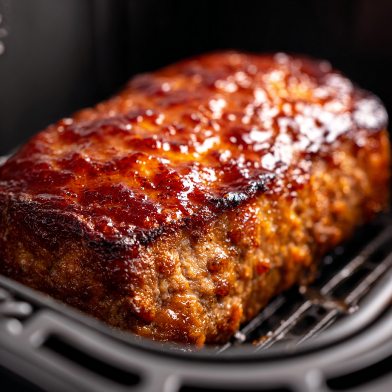 Perfectly cooked air fryer meatloaf with caramelized glaze fresh from basket