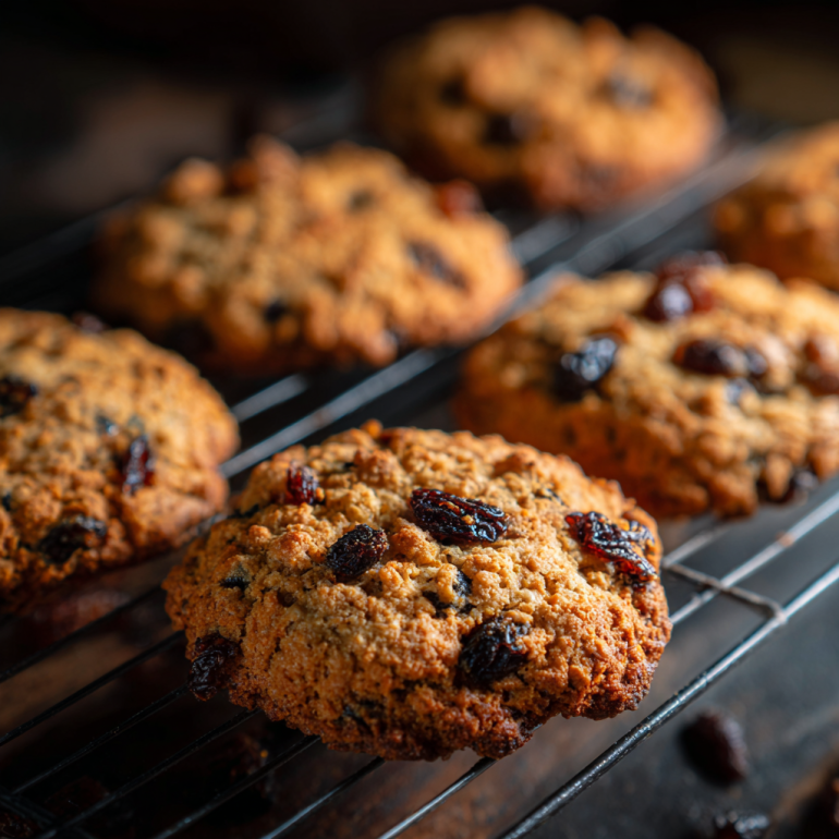 Perfectly baked air fryer oatmeal raisin cookies with golden edges fresh from basket