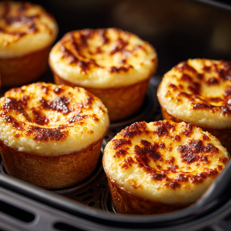 Perfectly cooked air fryer rice pudding cups with golden caramelized tops