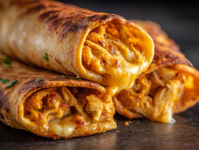 Close-up of golden crispy air fryer taquitos showing melted cheese and chicken filling inside
