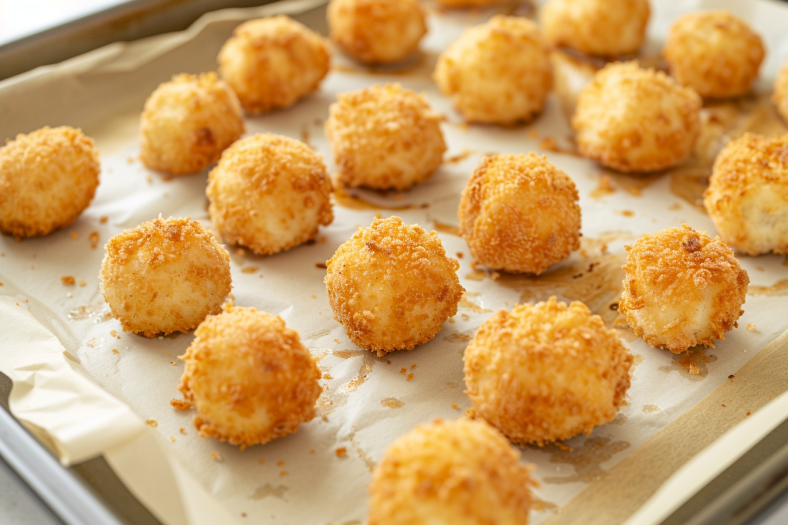 Breaded cheese curds frozen on tray showing critical freezing step before air frying