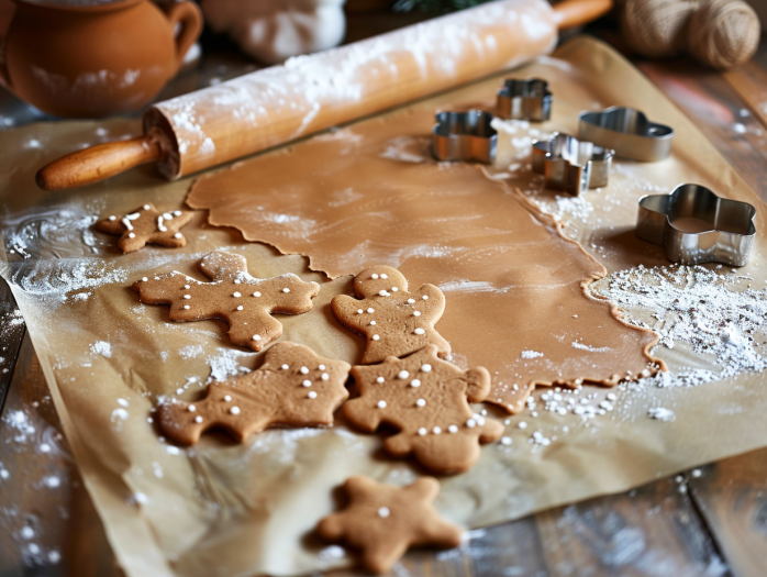 Gingerbread cookie dough being rolled to perfect 1/8 inch thickness between parchment paper with rolling pin and cookie cutters