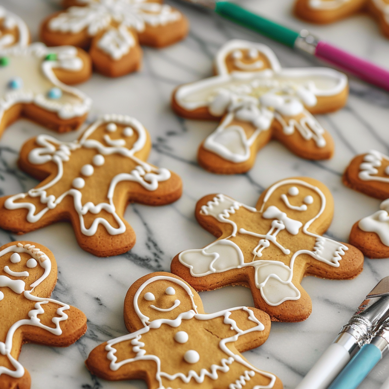 Hands decorating gingerbread cookies with white royal icing showing piping techniques and detail work on marble surface