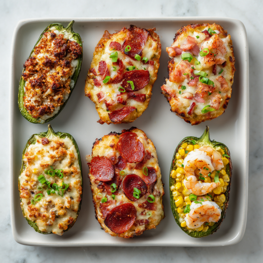 Creative variations of air fryer jalapeño poppers including breakfast, pizza, and seafood styles