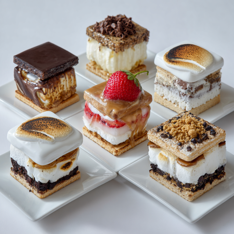 Gourmet air fryer s'mores variations including dark chocolate, peanut butter, and fruit options