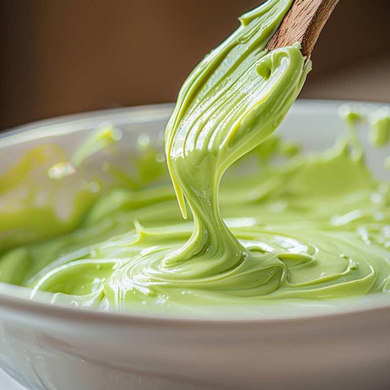 Close-up of vibrant green royal icing with perfect consistency for Christmas tree cookie decorating dripping from wooden spoon