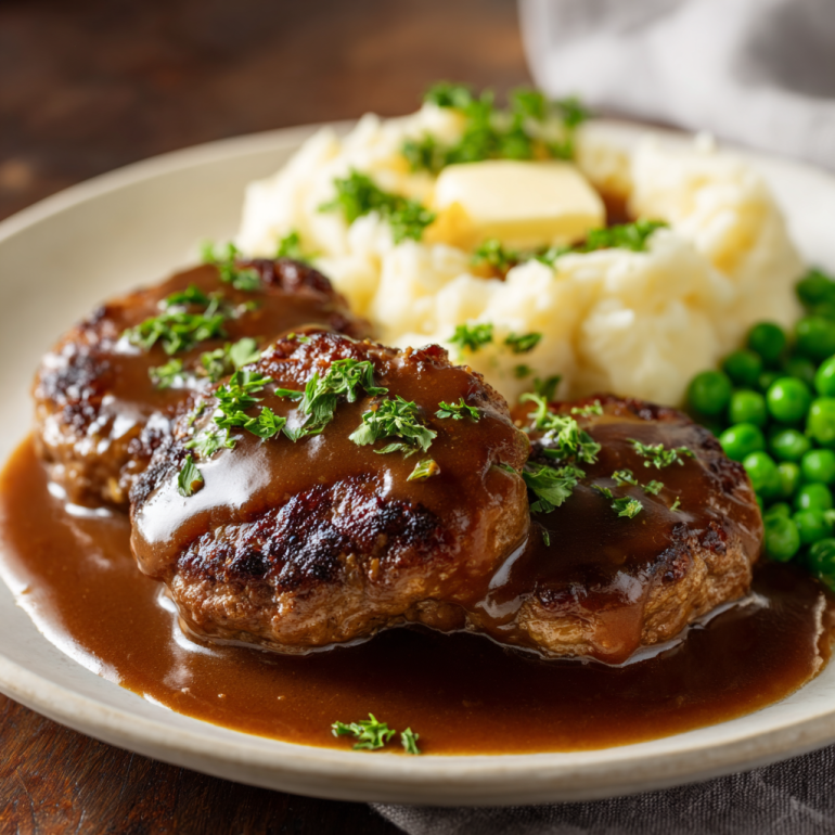 Golden brown hamburger steak with rich brown gravy served with mashed potatoes