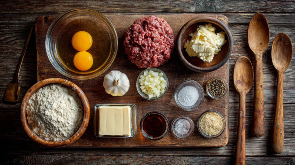 Hamburger steak ingredients including ground beef, breadcrumbs, beef broth, and seasonings