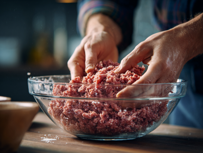 Hands gently mixing hamburger steak ingredients showing proper technique to avoid tough steaks