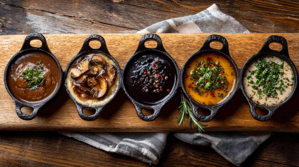 Five different brown gravy variations for hamburger steak including mushroom and herb options